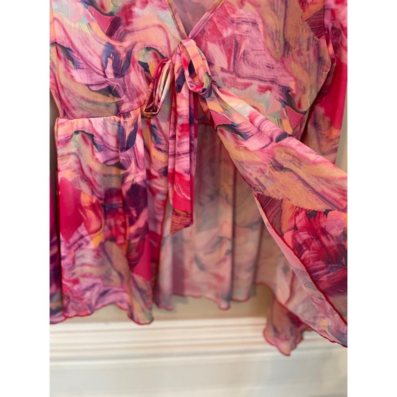 Pink Printed Sheer Mesh Flare Sleeve Fairy Babydoll Top Shein Size L - Picture 6 of 7